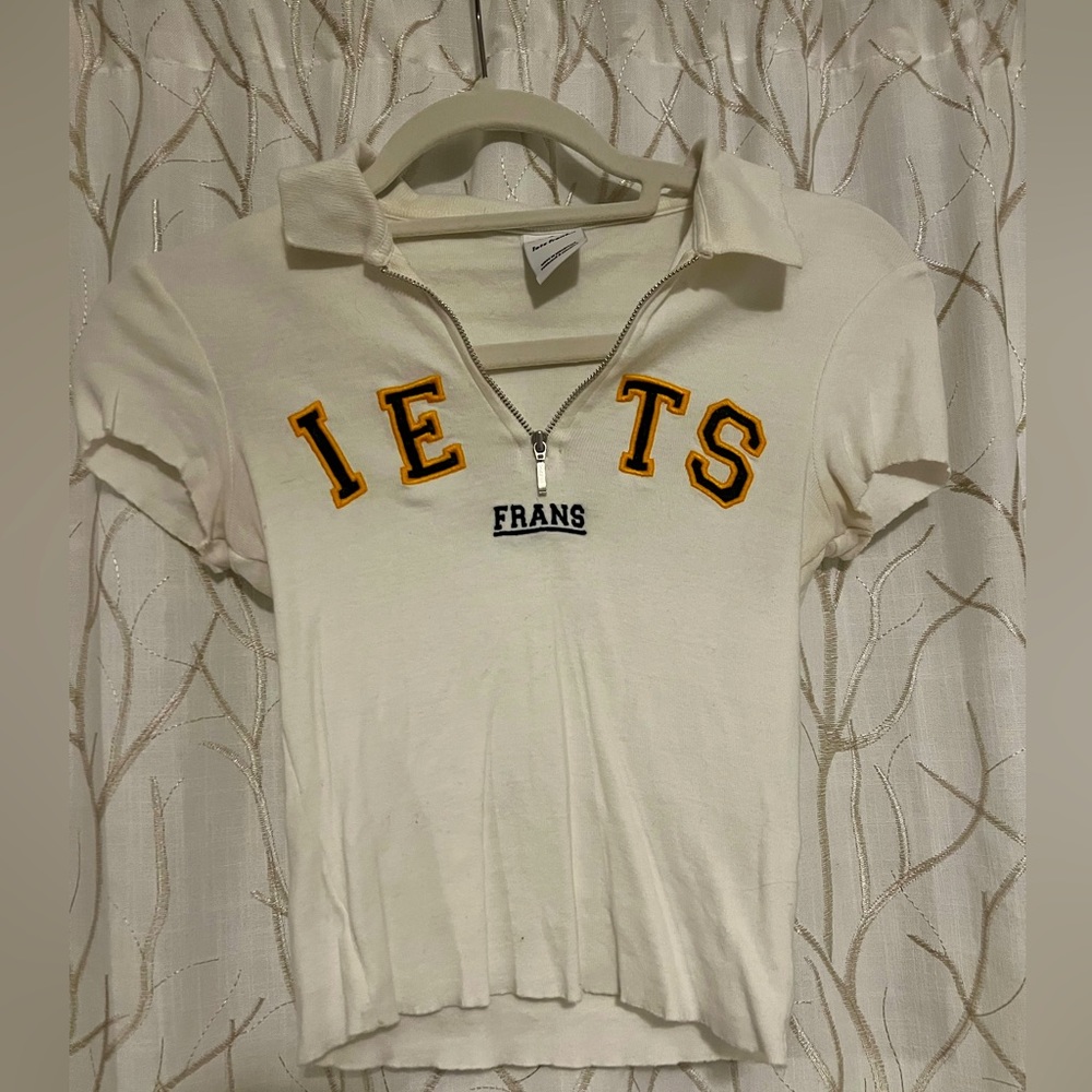 White letterman zip front tshirt